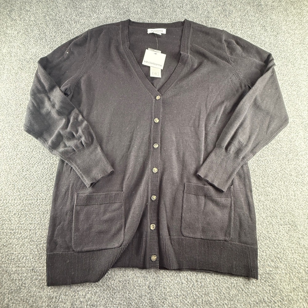 Liz Claiborne Womens XL Black V-Neck Button Front Cardigan Sweater Pockets NWT